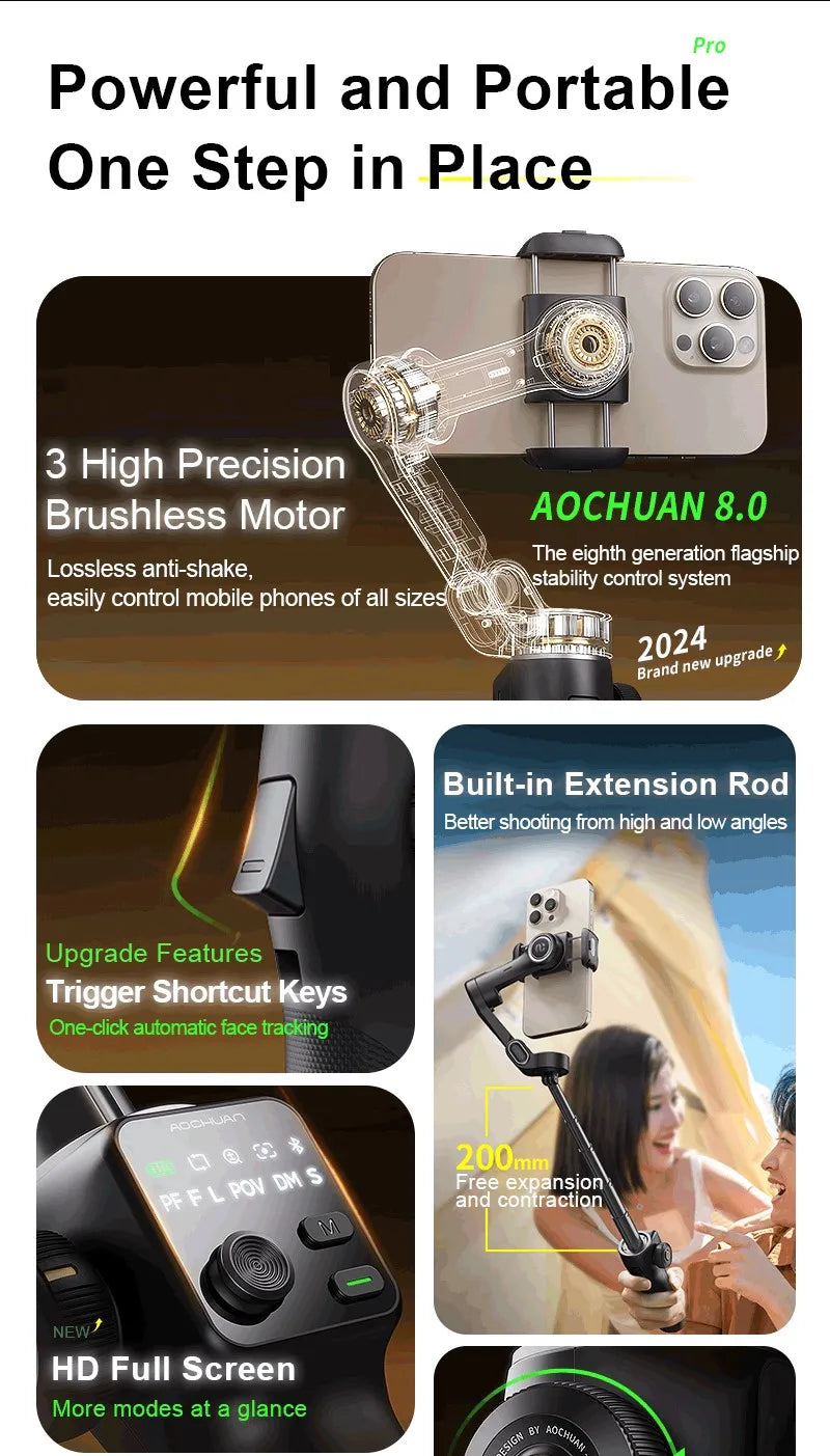 AOCHUAN Handheld Gimbal Stabilizer 3-Axis Smart V8 For Phone with Extension Rod Tripod Face Tracking For iPhone Android TikTok