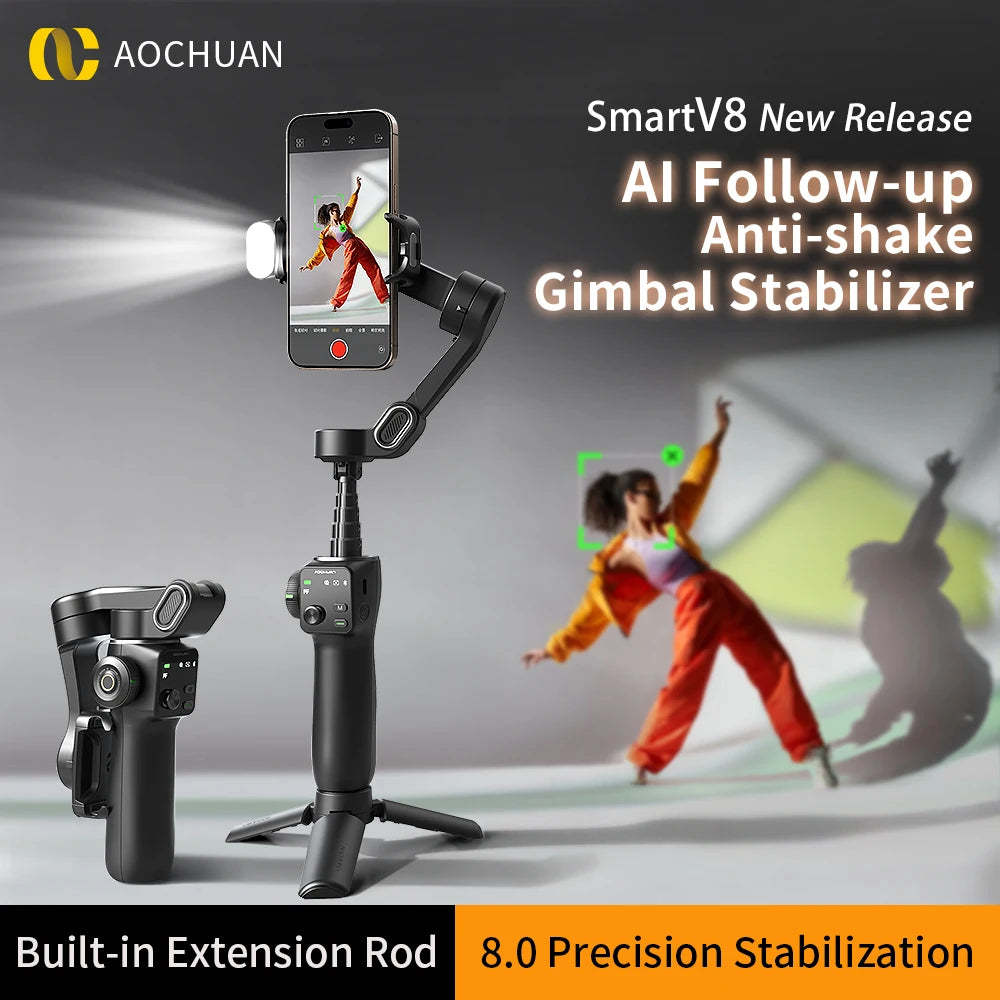 AOCHUAN Handheld Gimbal Stabilizer 3-Axis Smart V8 For Phone with Extension Rod Tripod Face Tracking For iPhone Android TikTok
