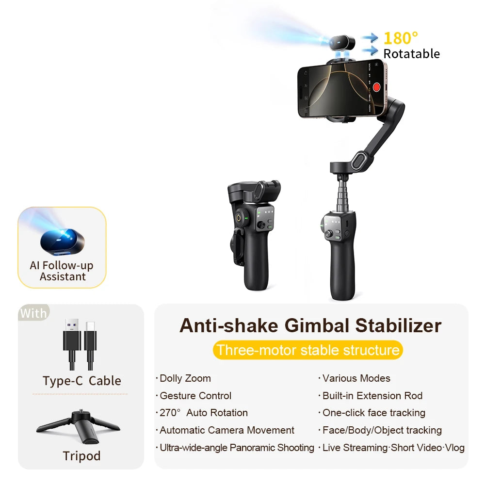 AOCHUAN Handheld Gimbal Stabilizer 3-Axis Smart V8 For Phone with Extension Rod Tripod Face Tracking For iPhone Android TikTok