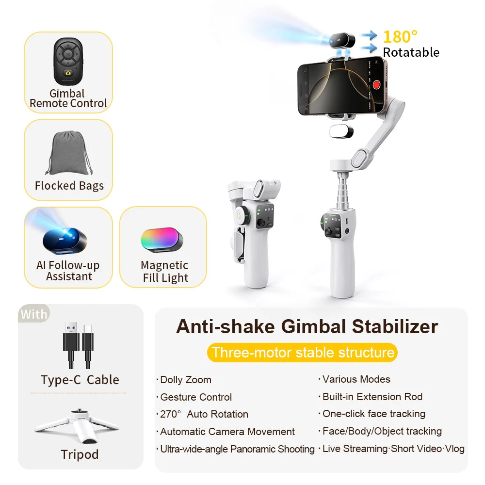 AOCHUAN Handheld Gimbal Stabilizer 3-Axis Smart V8 For Phone with Extension Rod Tripod Face Tracking For iPhone Android TikTok