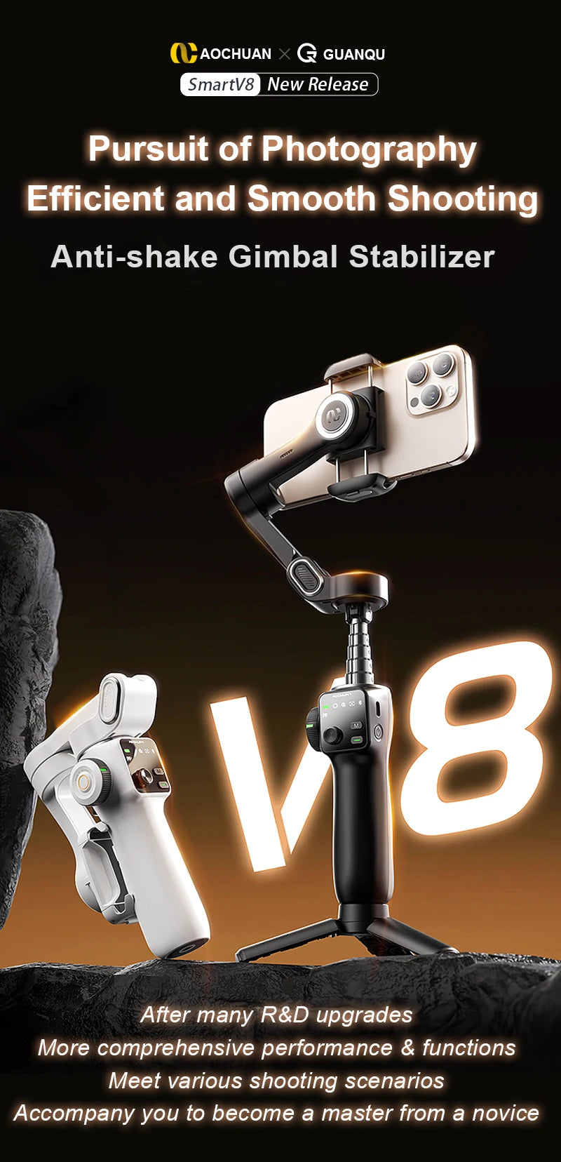 AOCHUAN Handheld Gimbal Stabilizer 3-Axis Smart V8 For Phone with Extension Rod Tripod Face Tracking For iPhone Android TikTok