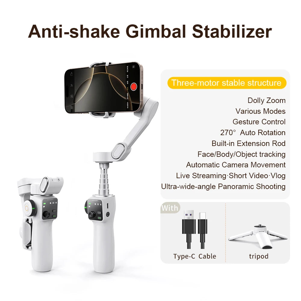 AOCHUAN Handheld Gimbal Stabilizer 3-Axis Smart V8 For Phone with Extension Rod Tripod Face Tracking For iPhone Android TikTok